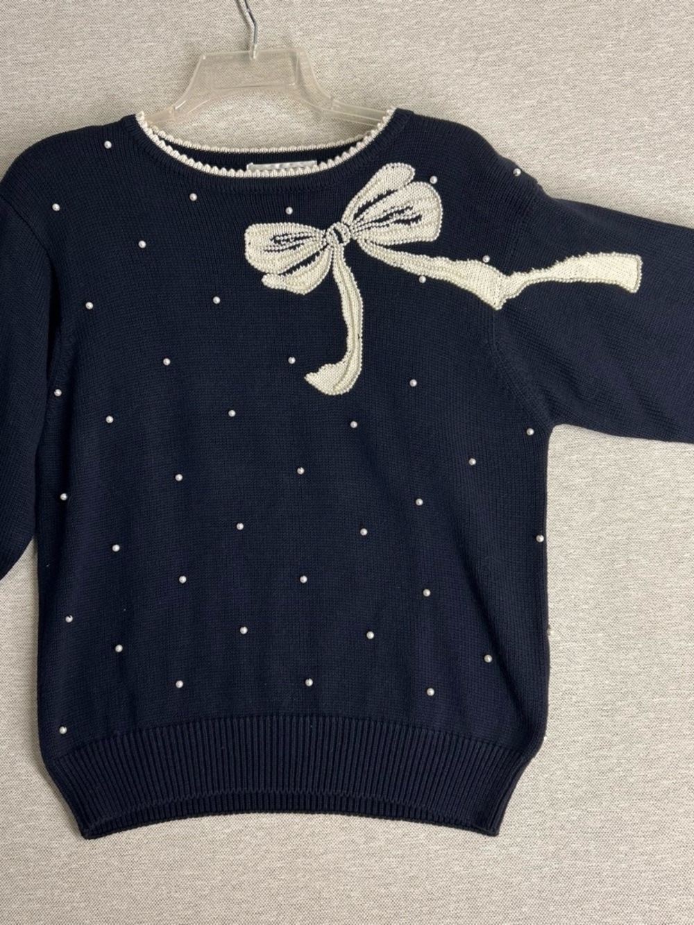 Petite Sophisticate Navy Sweater with Cream Bow & Pearl Dots